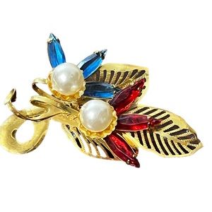 Vintage Pin Brooch Flower Bouquet Faux Pearls and Stones Blue and Red